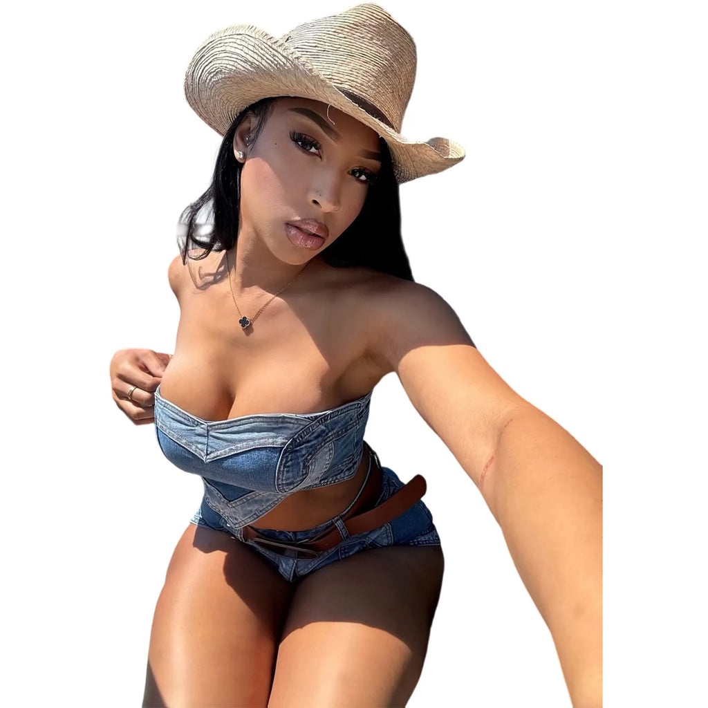 Denim Short Sets Women Strapless Tops Sexy Two Piece Set Y2k Streetwear High Street Jeans Shorts Lady Slim Fit Sleeveless Summer