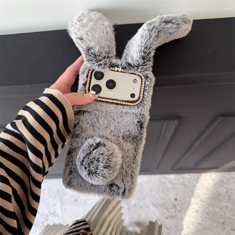 3D Cute Rabbit Ears Warm Furry Plush Bunny Phone Case For iPhone 17 Air 16 15 14 13 12 11 Pro Max XS XR X Plus Shockproof Cover