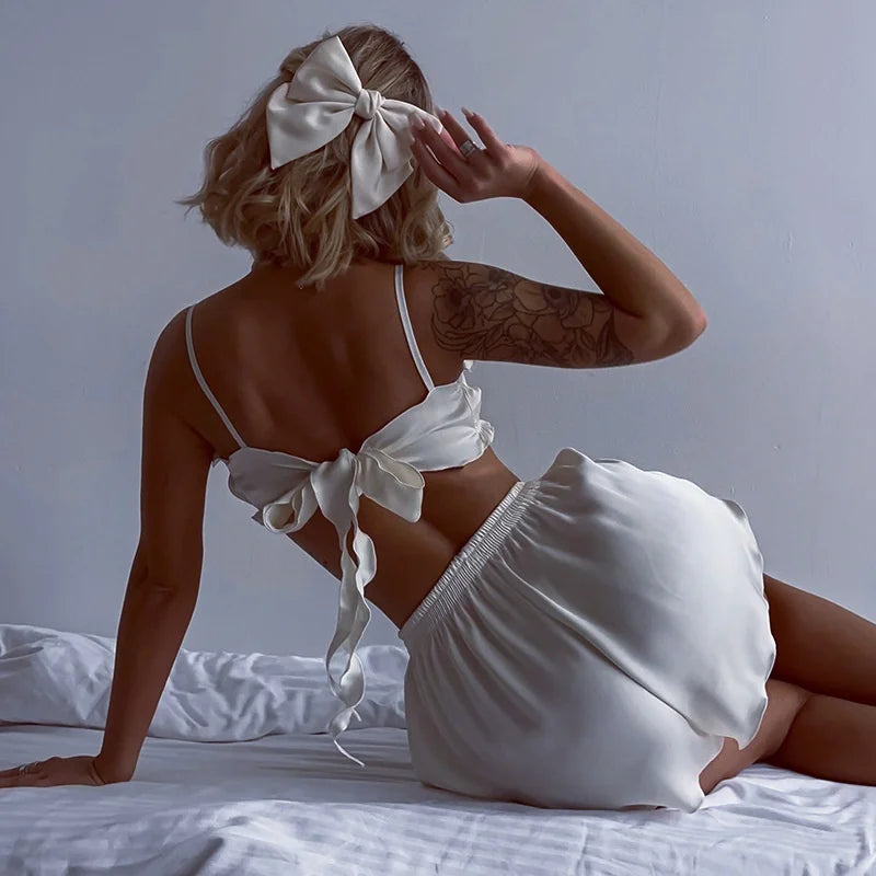 Women Pyjamas Suit Lace Up Ruffles Sexy Crop Top Pajama Tank Tops Crop Tops Set Shorts Summer White Sexy Vest Sleepwear 2024