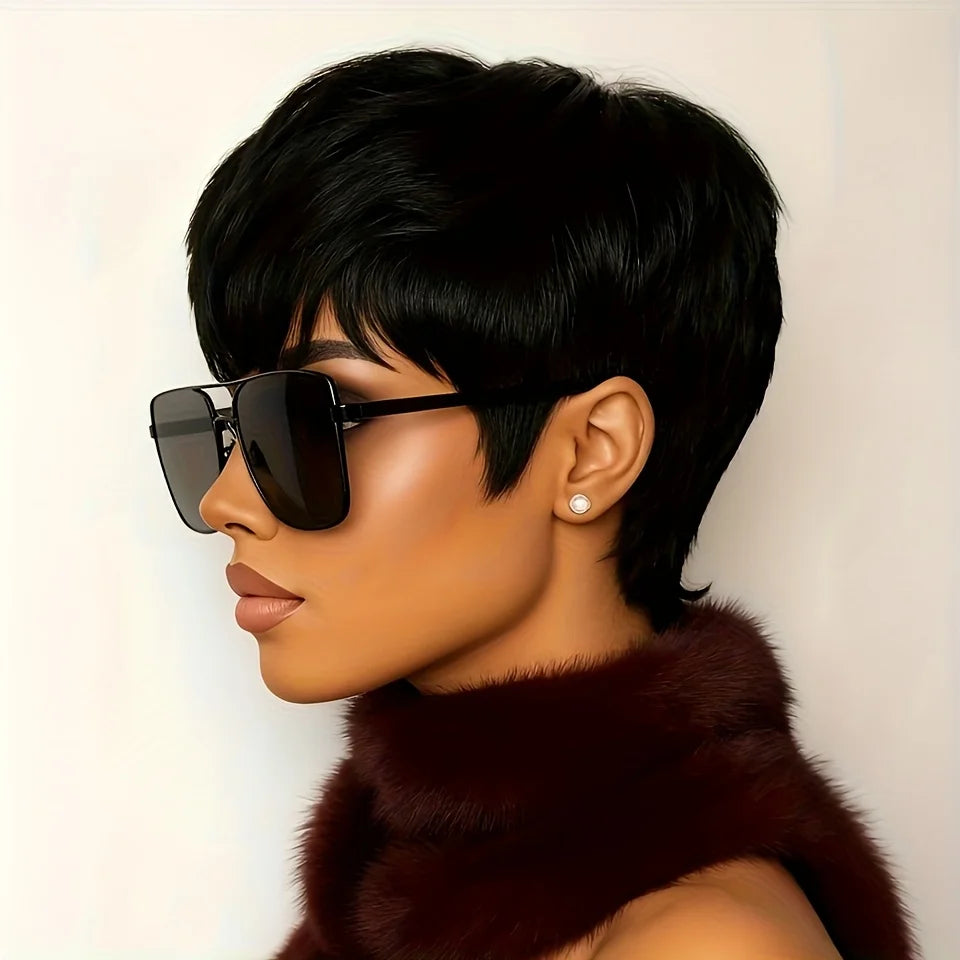 short straight human hair wig for women daily party use wig machine made pixie wig black color pixie cut wig