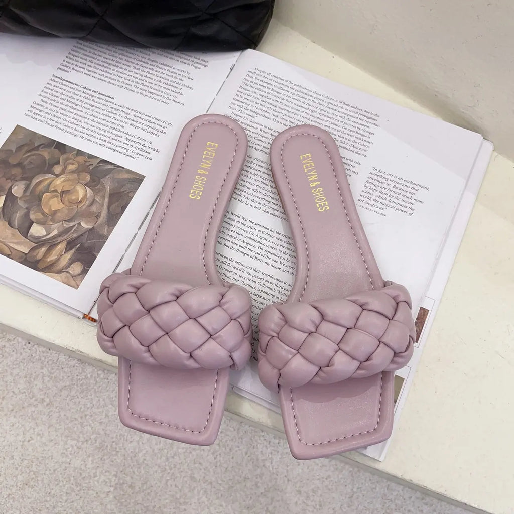 2024 summer women new square head flat bottom woven in-line women's large size beach sandals/slippers all-match leisure slippers