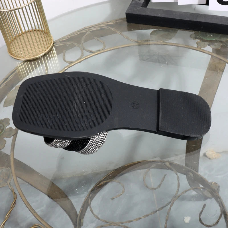 luxurious slippers 2025 rhinestone square toe fashion wear sandals  elegant flat bottom women's slippers black ladies shoes