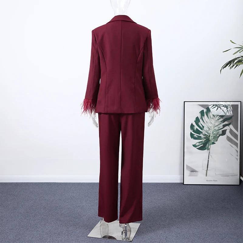 Elegant Feathers Women Blazer Pants Suit Lapel Button Coat Straight Wide Leg Trousers Lady Set 2026 Spring Female Outfits