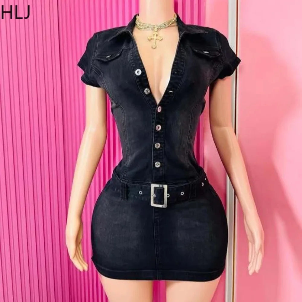 HLJ Fashion Denim Bodycon Mini Dresses Women V Neck Short Sleeve Slim Vestidos Summer New Cowboy Stretchy Streetwear Dress 2025