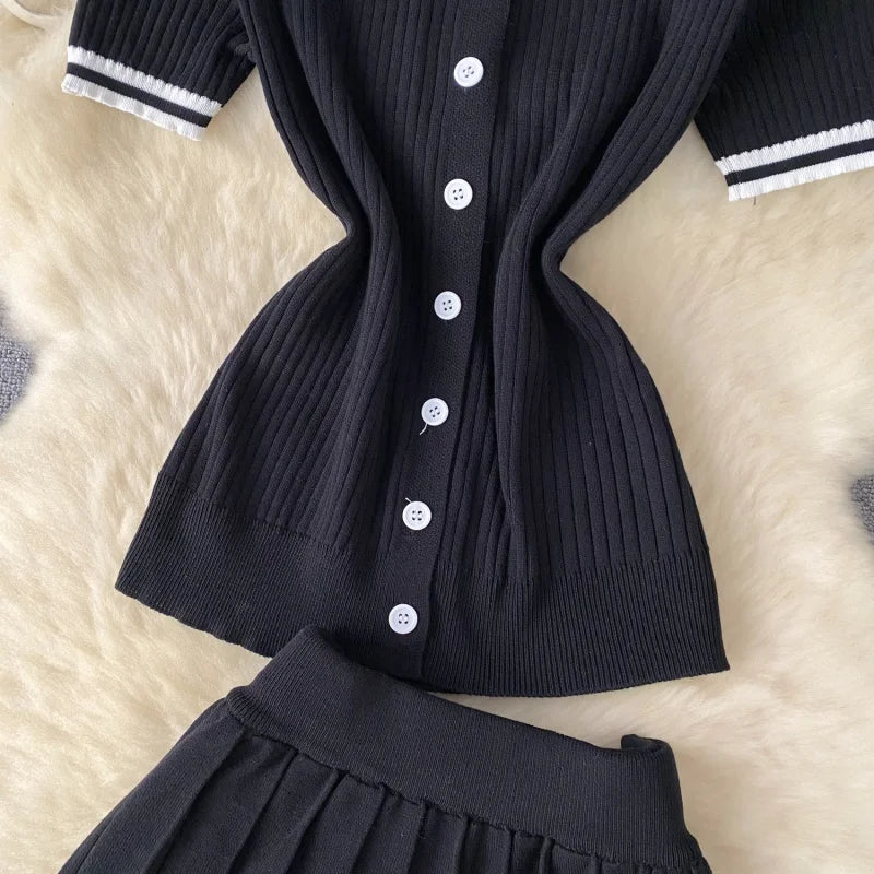 Fashion Knitting 2 Piece Sets Women Outfits Summer Clothing Women 2026 Polo-Neck Top Mini Skirt Suit Casual Knitted Dress Sets