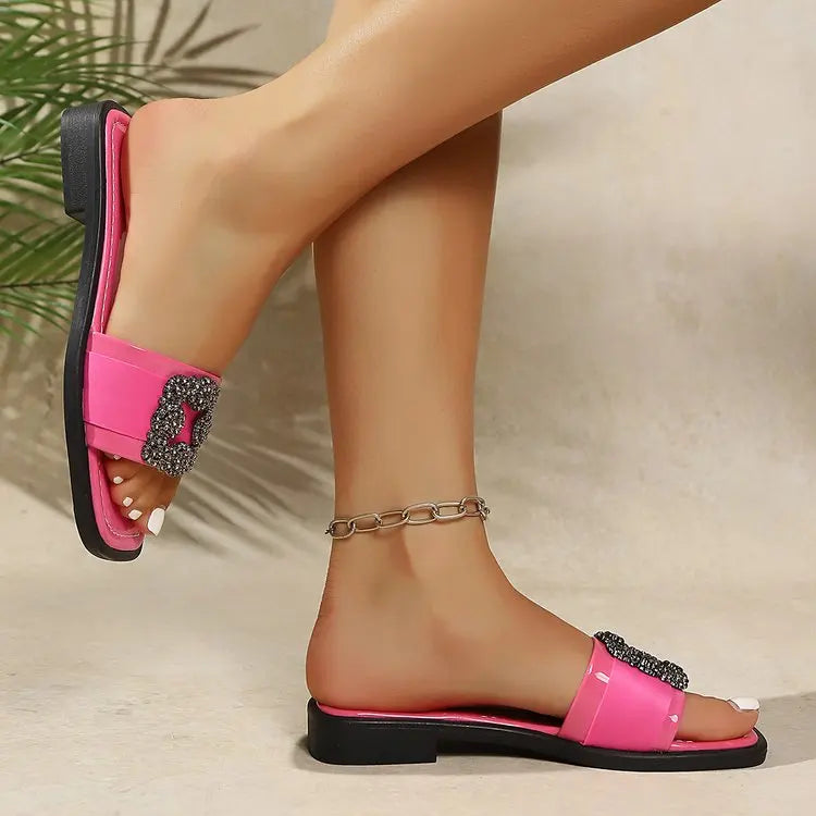 Women's 2026 Summer New Large Cool Slippers Flat Bottom Water Diamond External Slippers Cute Diamond Inlaid Shoulder Bag Set