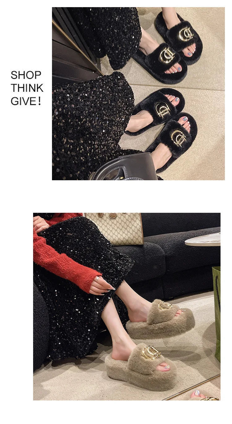 Autumn/Winter 2024 Women's letter metal buckle new fur slippers thick soled outerwear fashionable home new product slippers