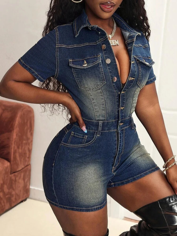 Sexy Denim One Pieces Bodycon Rompers Womens Streetwear Y2k Club Fashion Outfits Pockets Button Washed Jean Shorts Jumpsuit