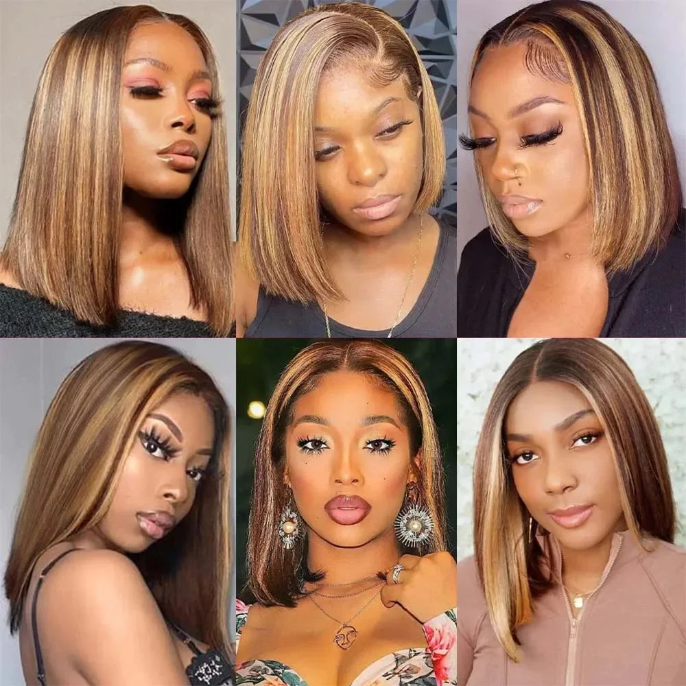 Straight Highlight Ombre Bob Wigs Human Hair 4/27 Honey Brown 13x4 Transparent Lace Front Human Hair Brazilian Wig Density200%