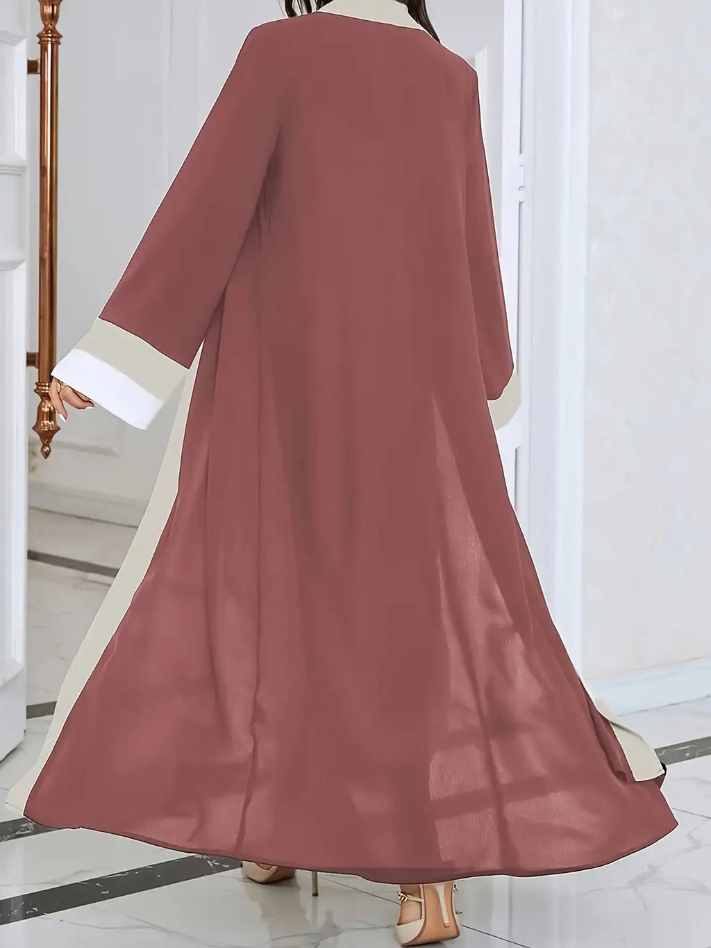 2026 Women's Casual Ramadan Open Front Long Sleeve Dress, Elegant Color Contrasting Slim Fit Extra Long Dress, Women's Wear  1