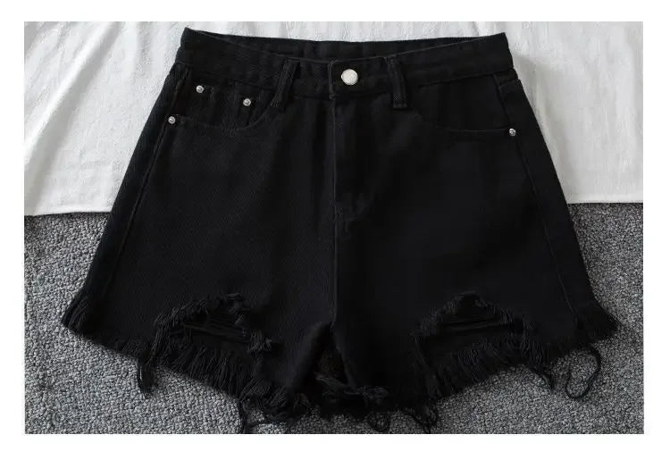 Denim Shorts Women High Waist Slender Korean Fashion Summer Frayed Buttons Zipper Tassel Loose Solid All-match Streetwear Chic
