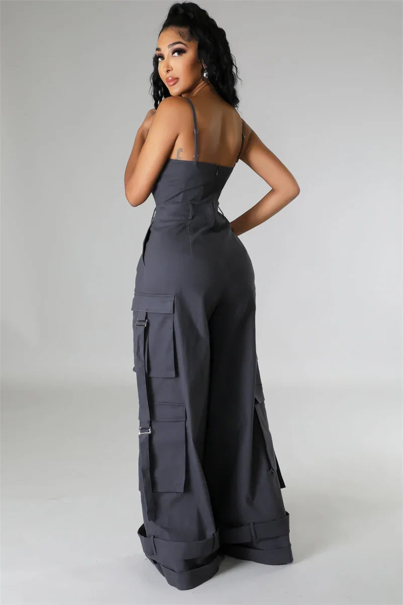 Sexy Spaghetti Strap Cargo Jumpsuit Women Summer Sleeveless Strapless Wide Leg Pants with Pockets One Pieces Romper Overall
