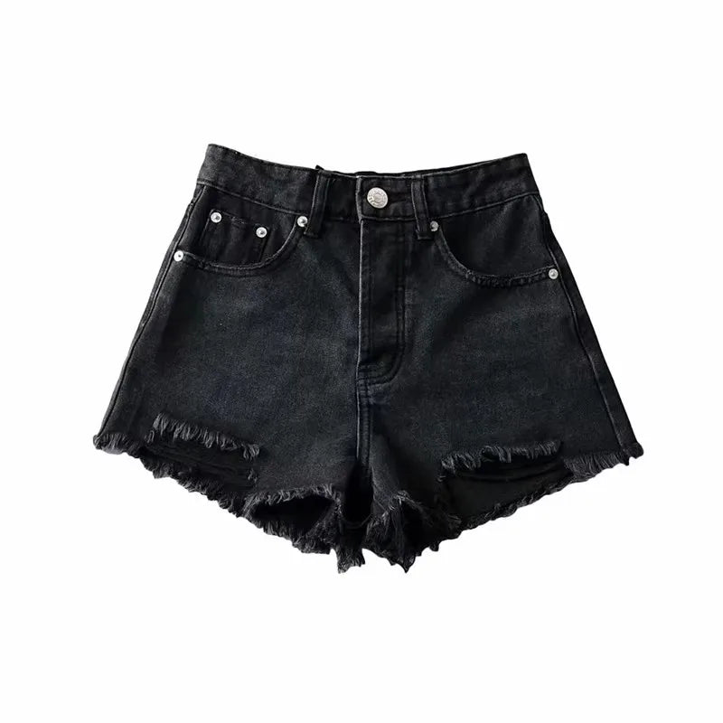 High Waist Tassel Frayed Distressed Denim Shorts Women's Fashion Summer  Slimming Effect Straight Leg Short Pants