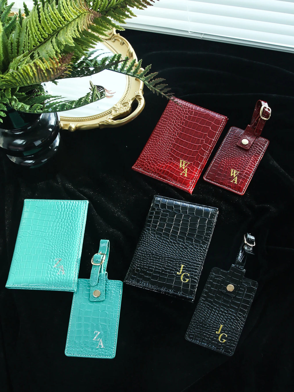 Customized Initial Passport Holder & Luggage Tag Set Personalized Gold Silver Monogram Embossed Crocodile Leather Travel Gift