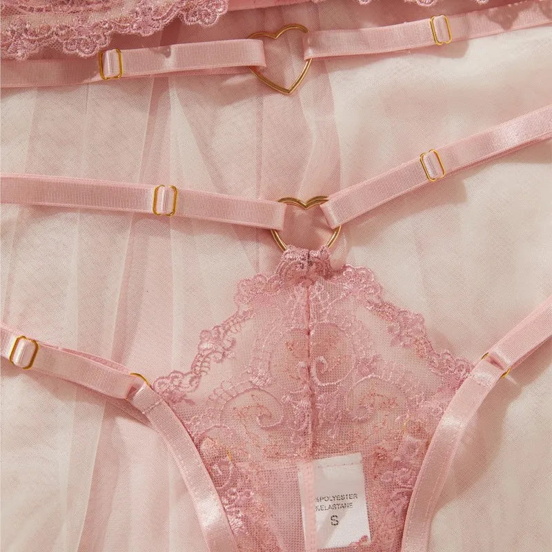 Sexy Lingerie Set Pink Floral Embroidery Lace Sheer Mesh Push Up Bra Thin Bra Panty Matching Underwear Sets Valentine's Gift