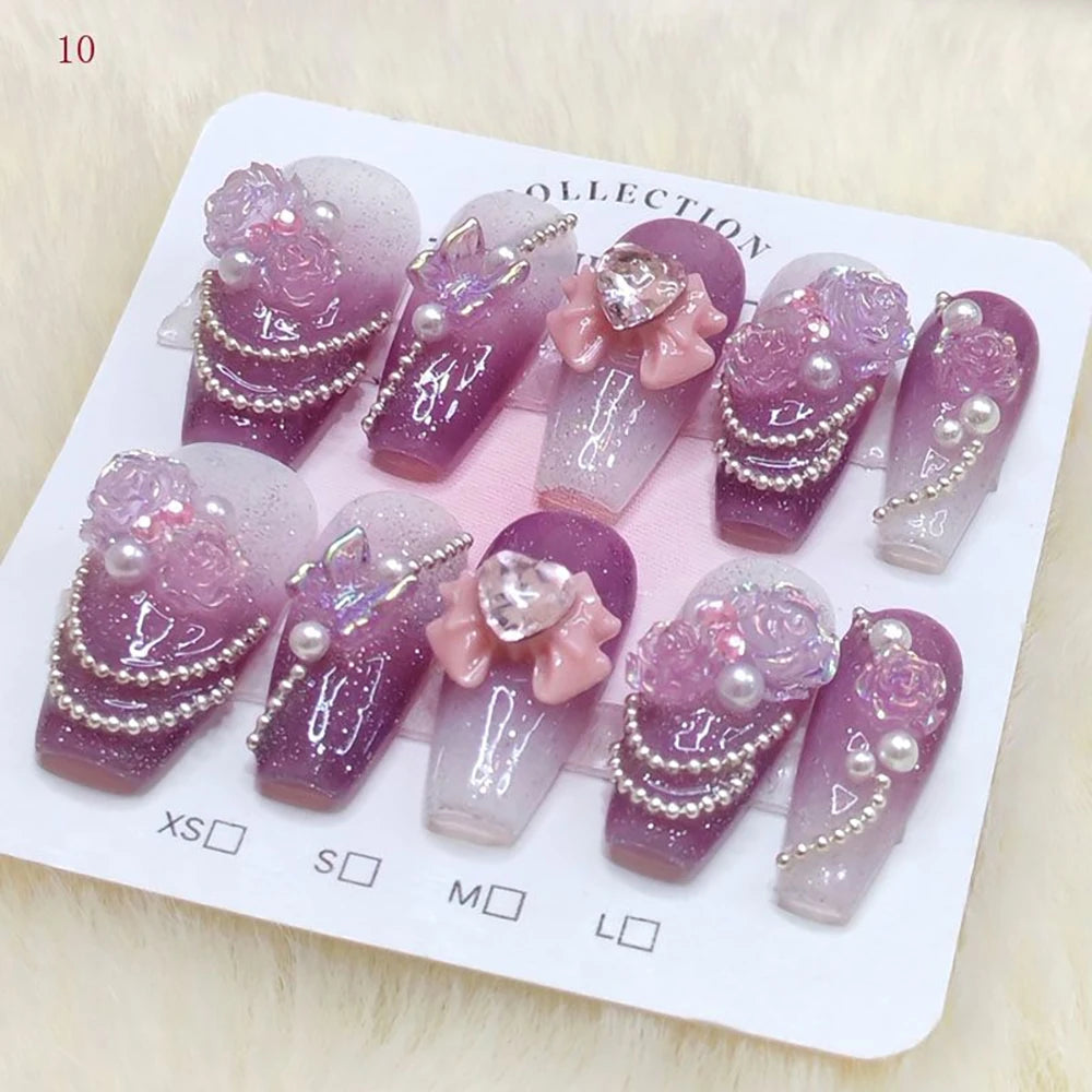 10Pcs Sweet Lovely Handmade Long Coffin Wearable Fake Nail Kawaii Girlish Heart Cartoon Pink Pearl Bow Diamond False Nail Gift