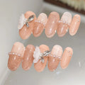 10Pcs Sweet Lovely Handmade Long Coffin Wearable Fake Nail Kawaii Girlish Heart Cartoon Pink Pearl Bow Diamond False Nail Gift