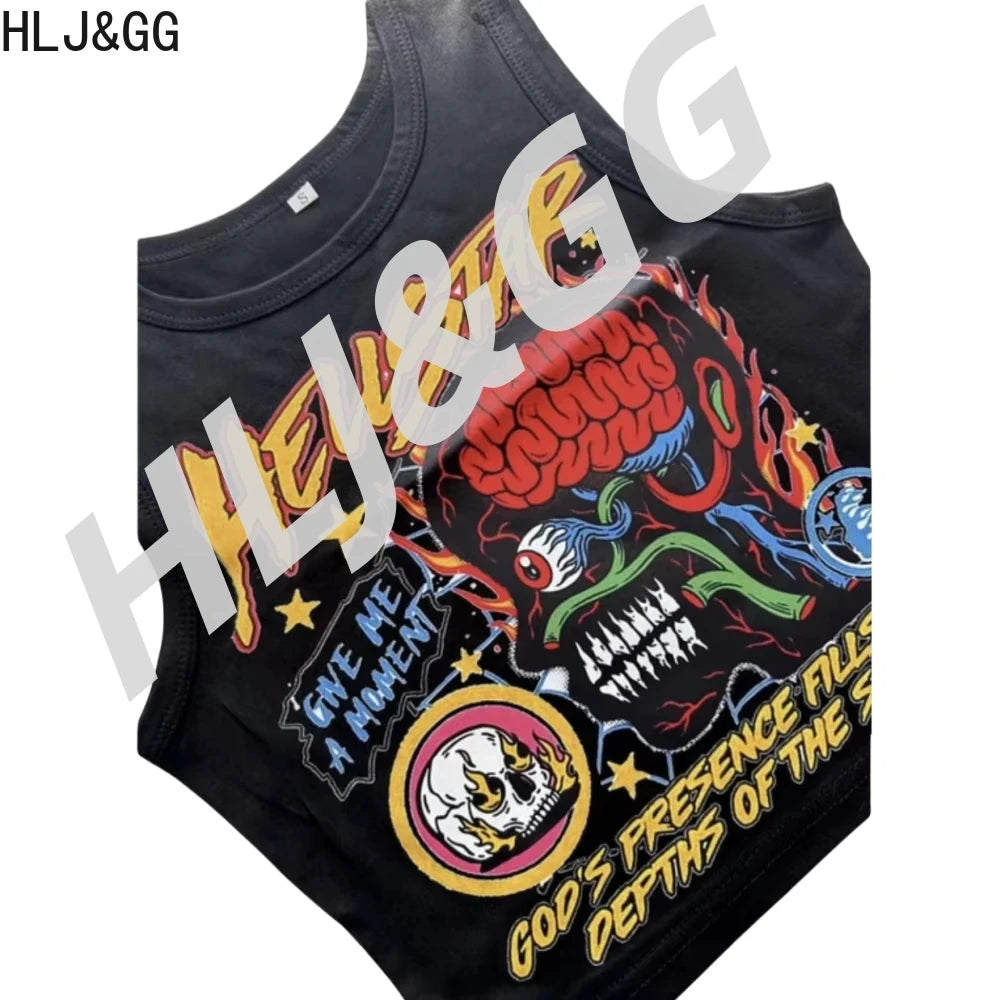 HLJ&GG Y2K Hot Girl Fashion Pattern Print Two Piece Sets Women O Neck Sleeveless Top And Denim Cargo Shorts Outfits Streetwear