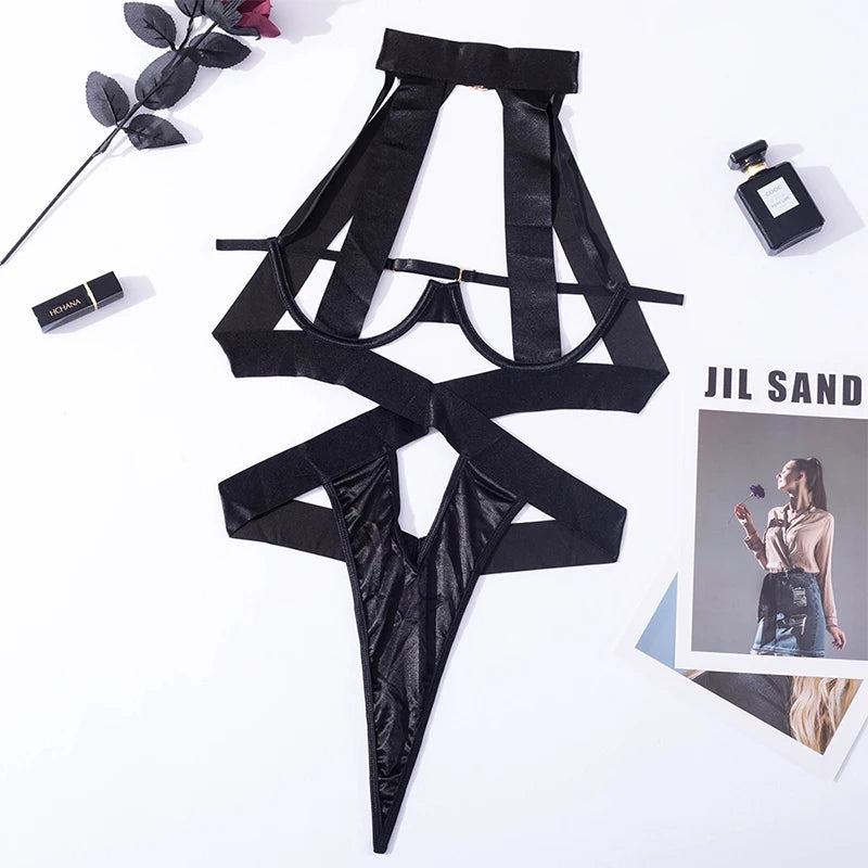 Bandage Hot Sexy Lingerie Set Bodysuit Women Halter Hollow Out Exotic Clothes Black Porn Underwear Sensual Body Exotic Costumes