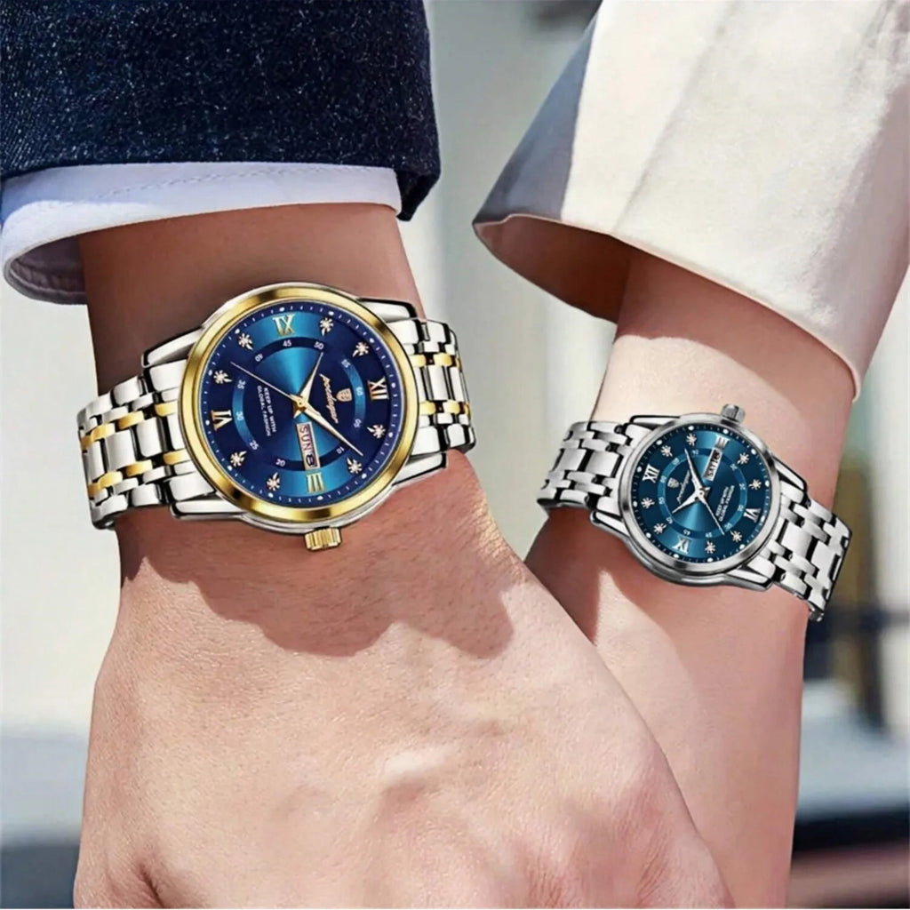 Couple business watch, wedding souvenir, dual calendar function, luminous and water-resistant stainless steel quartz watch
