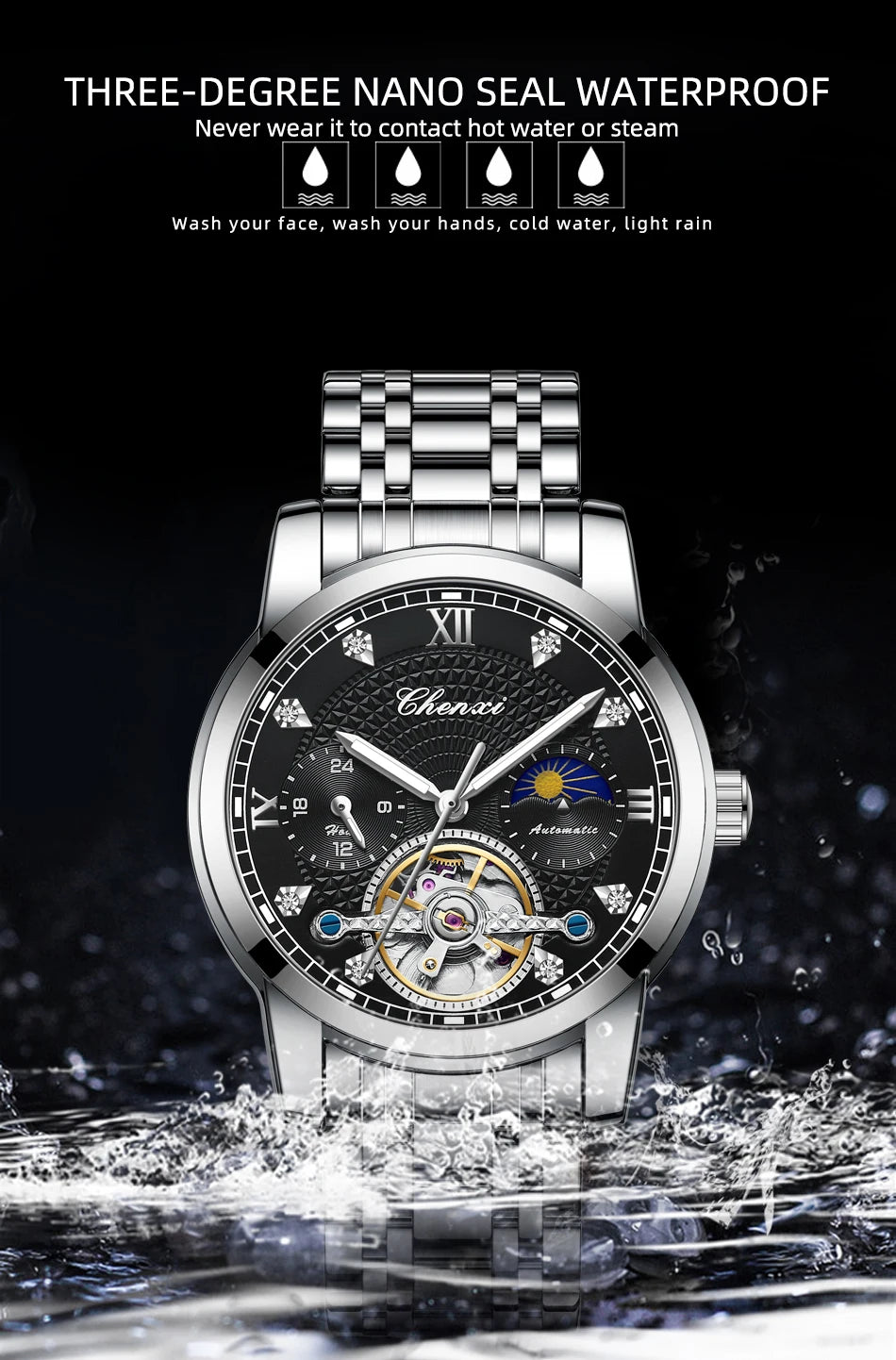 CHENXI Mens Mechanical Watches Top Brand Stainless Steel Automatic Watch Men Waterproof Business Wristwatch with Luminous