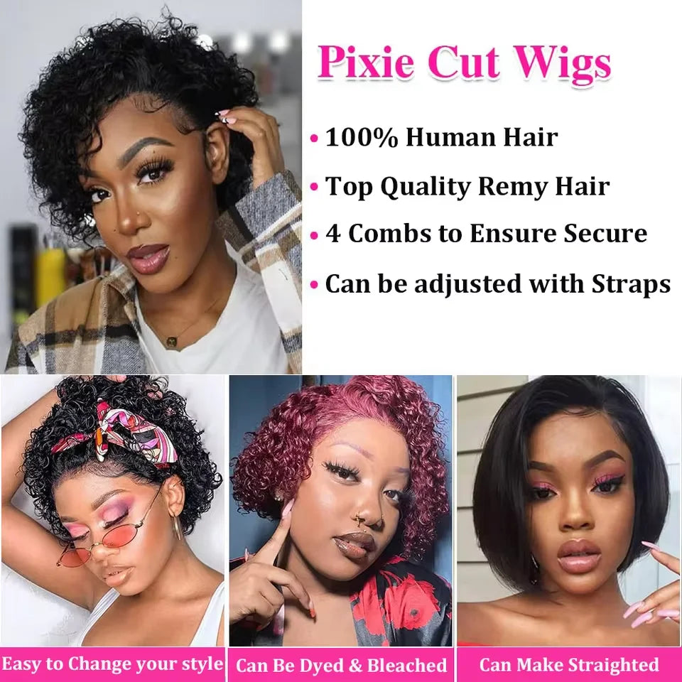 Pixie Cut Wig 13x1 Lace Frontal Short Kinky Curly Bob Wigs Brazilian Water Wave Transparent Lace Front Human Hair Short Wigs