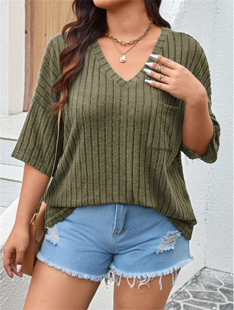 GIBSIE Plus Size Drop 3/4 Sleeve Loose Rib-knit T Shirt Women Summer 2025 Solid Color V-Neck Pocket Casual Female Tops Tees