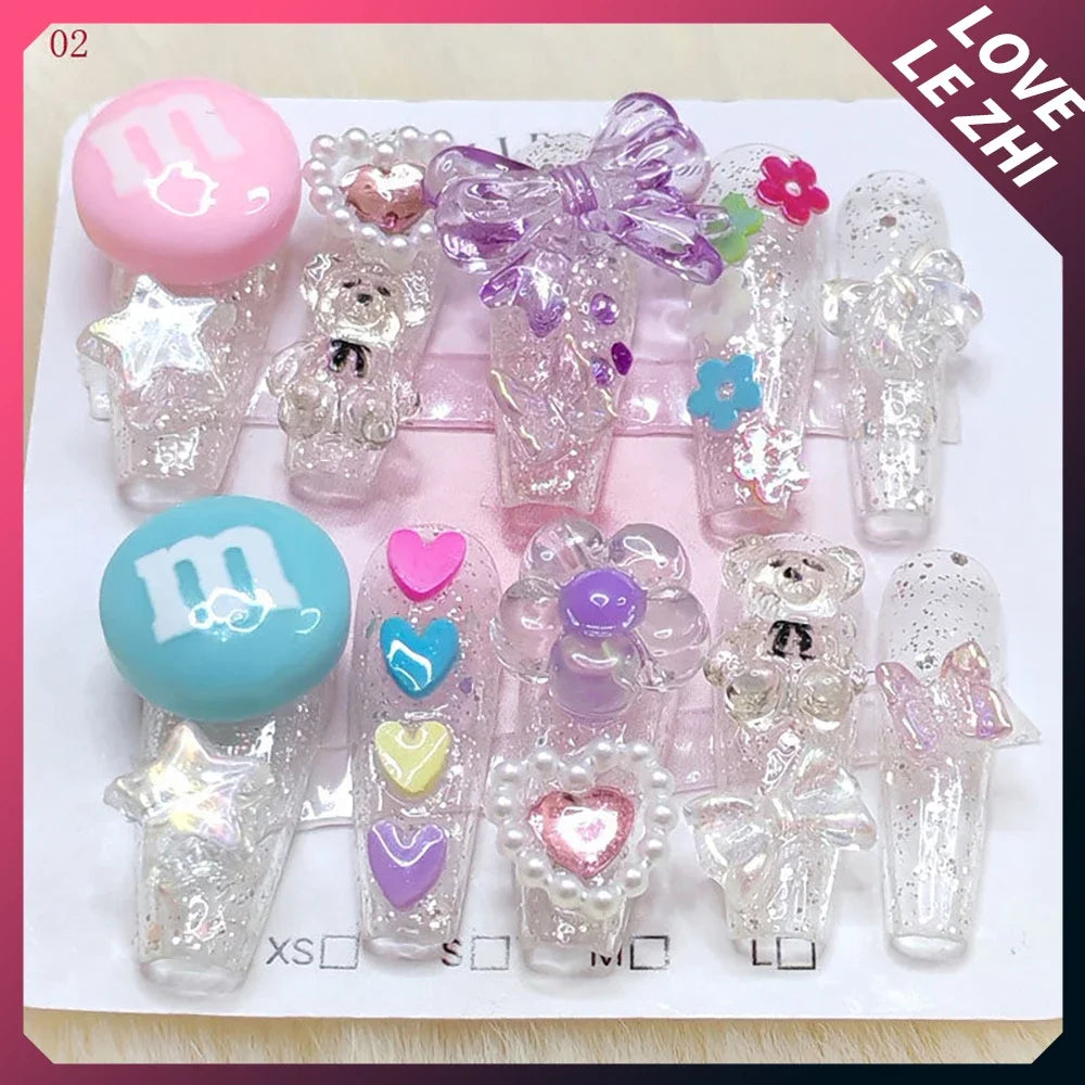 10Pcs Sweet Lovely Handmade Long Coffin Wearable Fake Nail Kawaii Girlish Heart Cartoon Pink Pearl Bow Diamond False Nail Gift