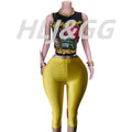 HLJ Fashion Y2K Pattern Print Two Piece Sets Women Round Neck Sleeveless Top+Skinny Shorts Outfits Trend Female 2pcs Streetwear