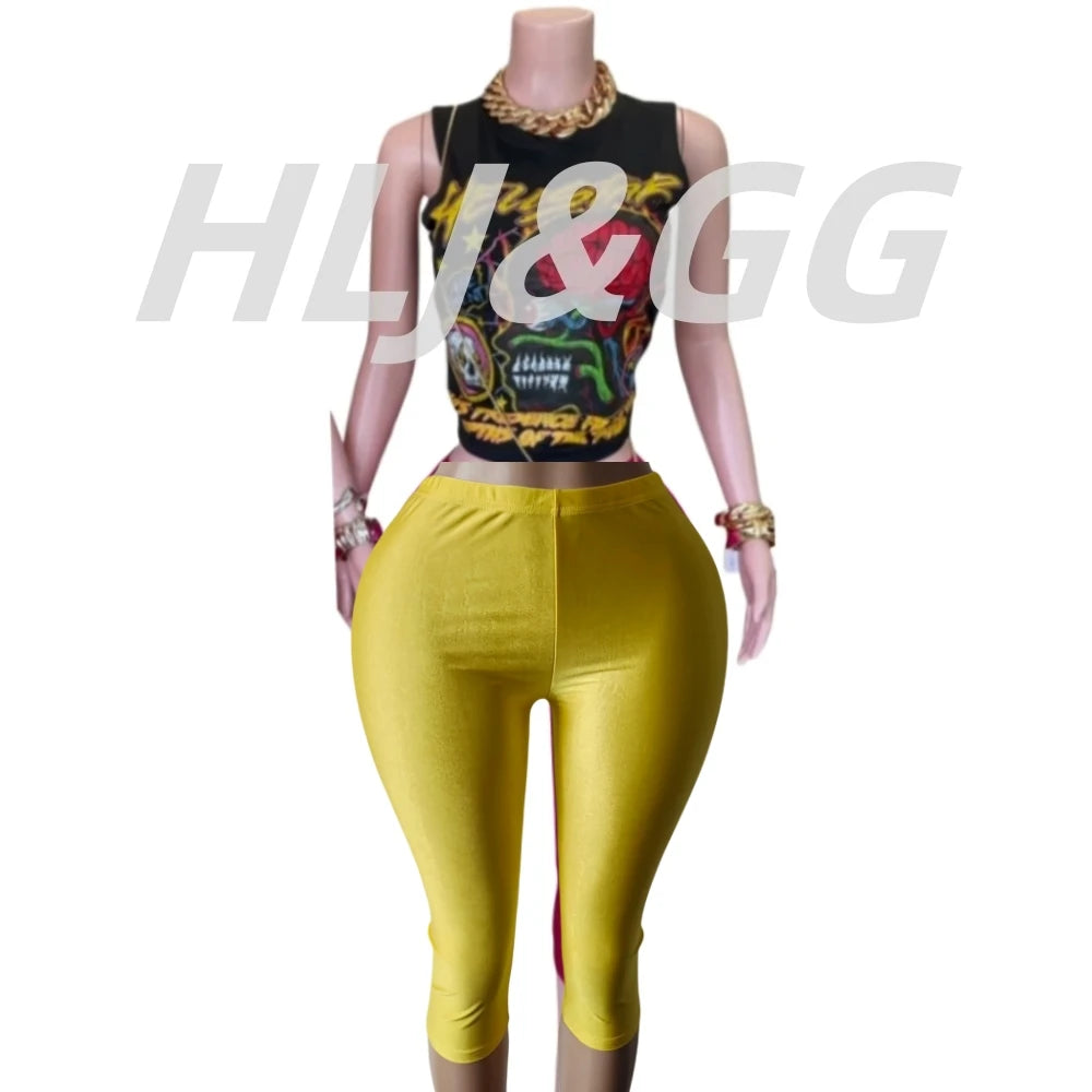 HLJ Fashion Y2K Pattern Print Two Piece Sets Women Round Neck Sleeveless Top+Skinny Shorts Outfits Trend Female 2pcs Streetwear