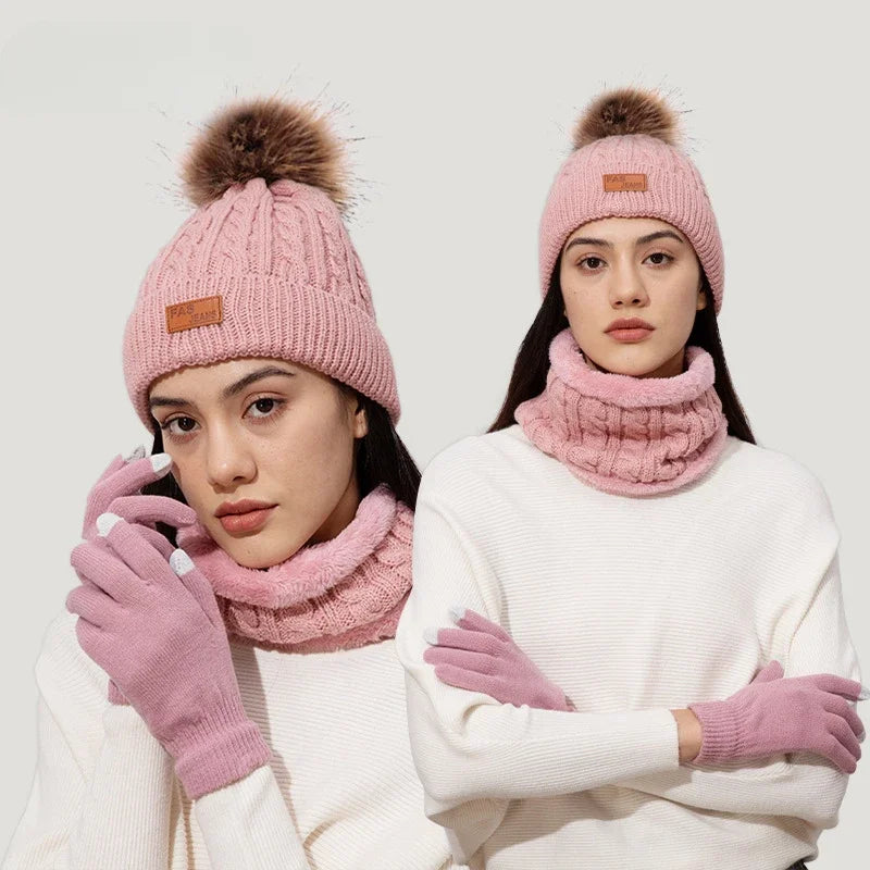 Warm & Soft Winter Fleece Knitted Hat Scarf Touch Screen Gloves 3Pcs Set Perfect Ear & Neck Warmer for Skiing Hat Outdoor Sports