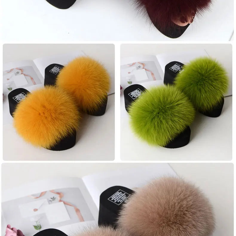 Women Fox Fur Slippers Woman Fashion Sandals Girls Casual Fur Slides 7cm Thick Sole Summer Platform Shoes Modern Slippers Wedges