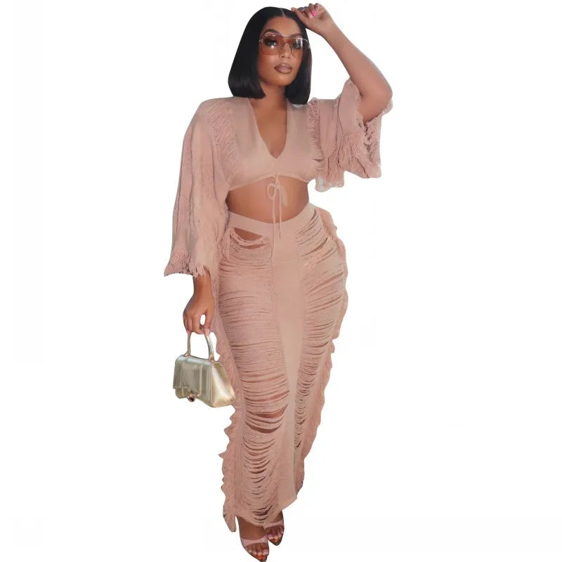 Swimwear Skirt Cover-up 2 Piece Set Women Crop Tops And Long Skirt Bathing Suit Fashion Solid Hollow Sexy Beach Cover Up Outfits