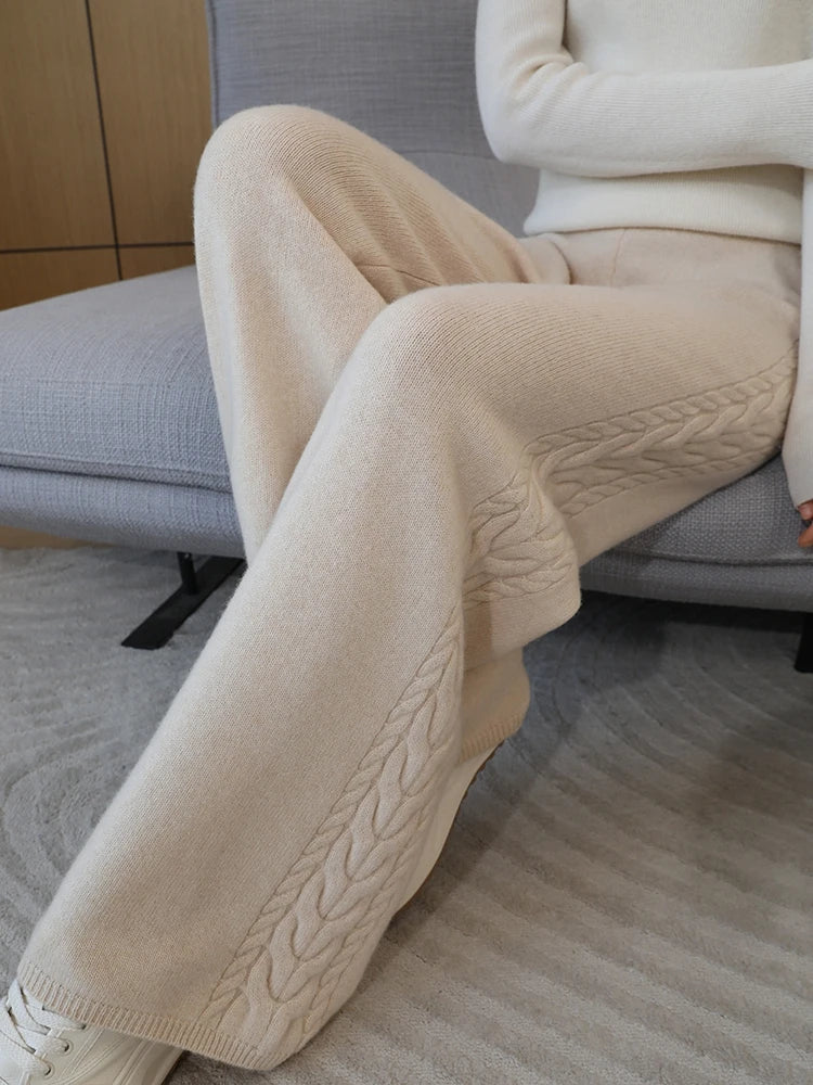 100% Merino Wool Wide Leg Pants Women's Elastic Waist Twist Flower Jacquard Trousers Autumn Winter Soft Solid Knitted Wool Pants