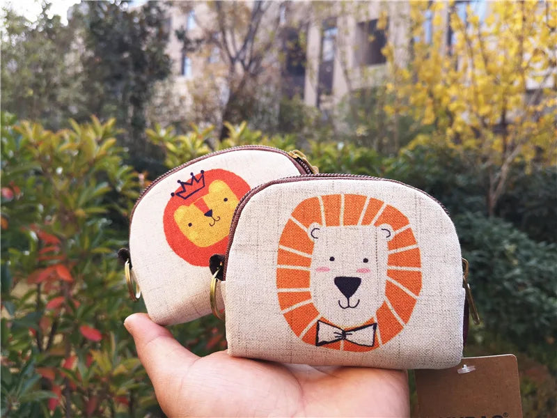 Cute Animal Canvas Coin Purse Short Shell Wallet Women Key Card Bag Kids Cartoon Lionmouse Fox Bear Dinosaur Small Change Purses