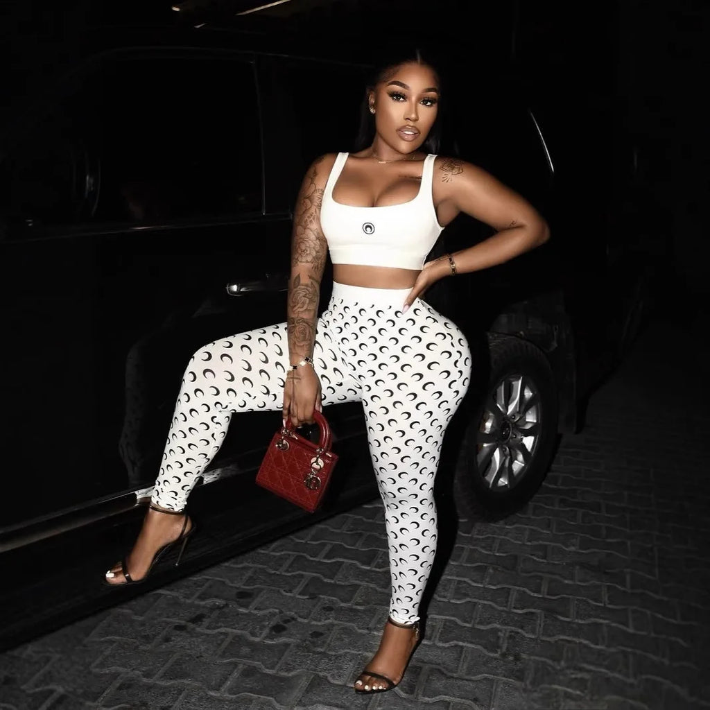Y2K Two Piece Set Women Sexy Slim Fit Vest and Pants High Street Retro Crescent Print Matching Set