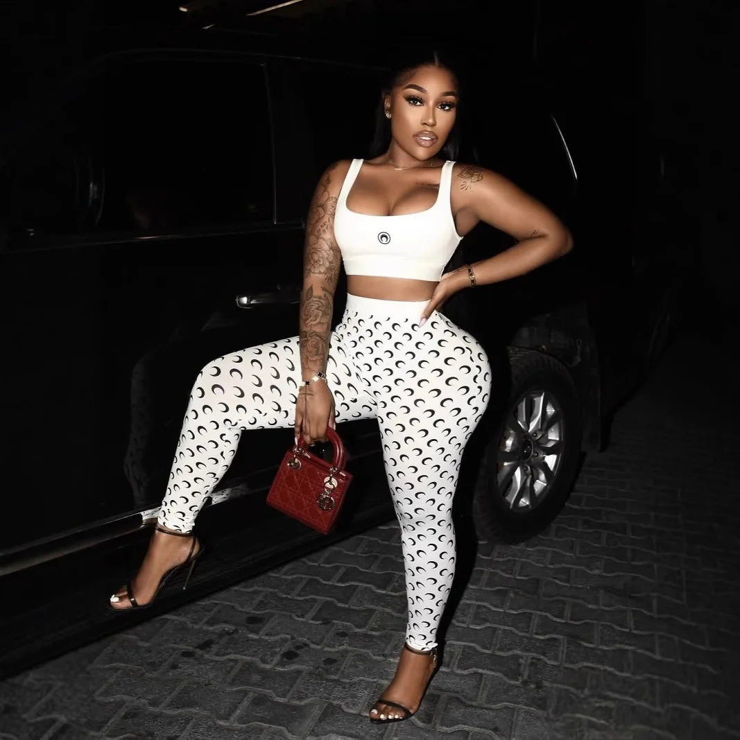 Y2K Fashion Women Two Piece Set Sexy Slim Fit Vest and Pants High Street Retro Crescent Print Matching Set