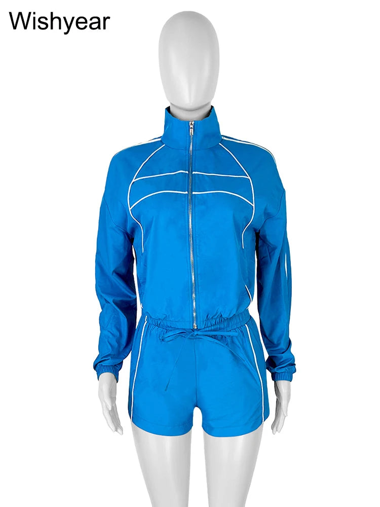 Fashion Tracksuit Stripe Women 2 Piece Set Lapel Sweatshirt Zip Jacket and Drawstring Shorts Suit Summer Sports Streetwear y2k