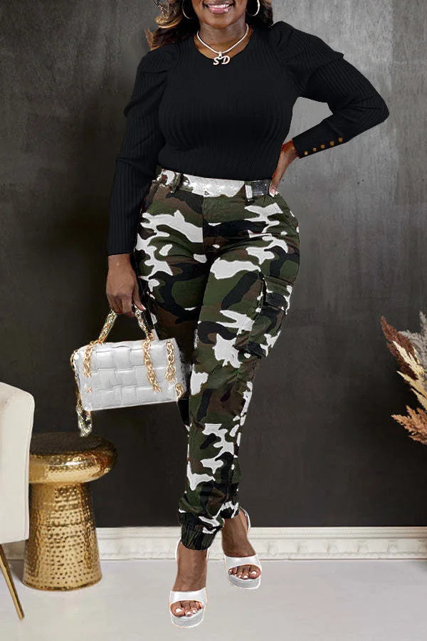 CM.YAYA Women’s Camouflage Printed Slim Cargo Pants 2024 Spring/Summer Pocket Jogger Street Fashion Safari Trousers