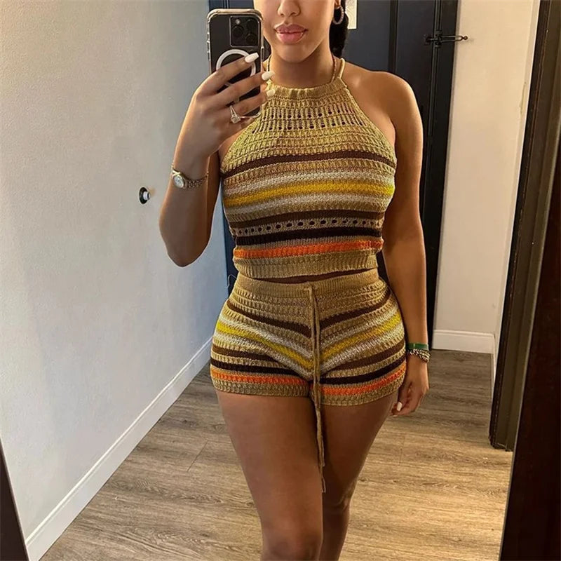 Women Suits Hhanging Neck Lace-up Sleeveless Backless Tops Female Casual Knitted Rainbow Stripes Two Piece Sets Slim Fit Shorts