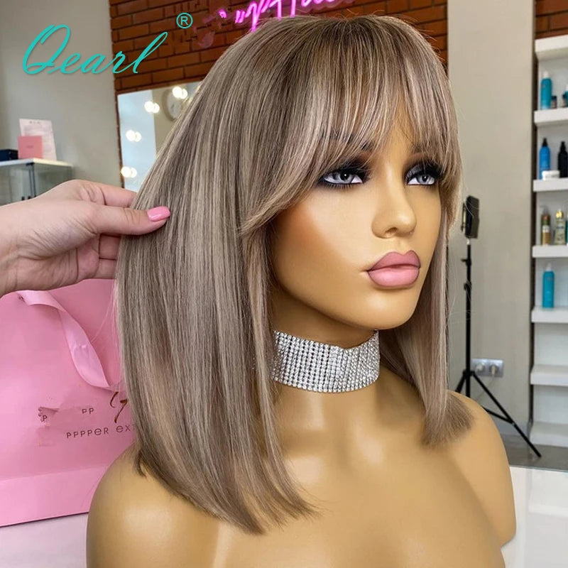 New in Short Bob Straight Human Hair Wig with Bangs Ombre Ash Blonde Brazilian Lace Front Wigs Fringe for Women Glueless Qearl