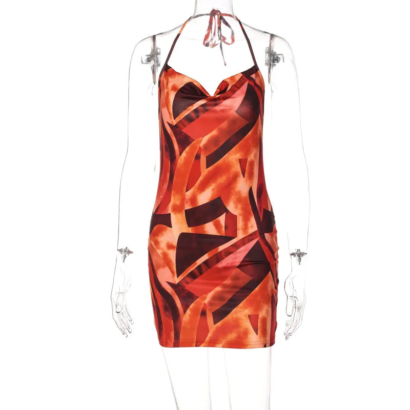 Boho Style Sexy Back Full Hollow Out Orange Color Bodycon Dress Women Halter Sleeveless Skinny Dress Elegant Club Party Vestidos