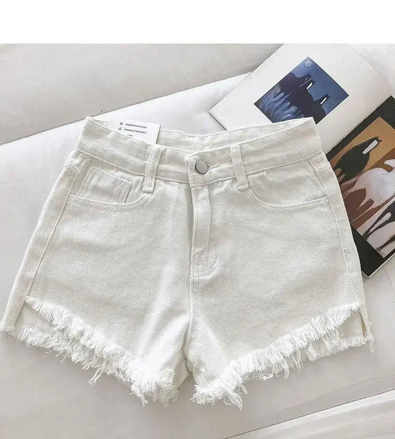 2026 New Summer Women High Wiast Raw Hem Denim Shorts Soild White Black Blue Korean Wide Leg Pants Mon Shorts  Jean Shorts