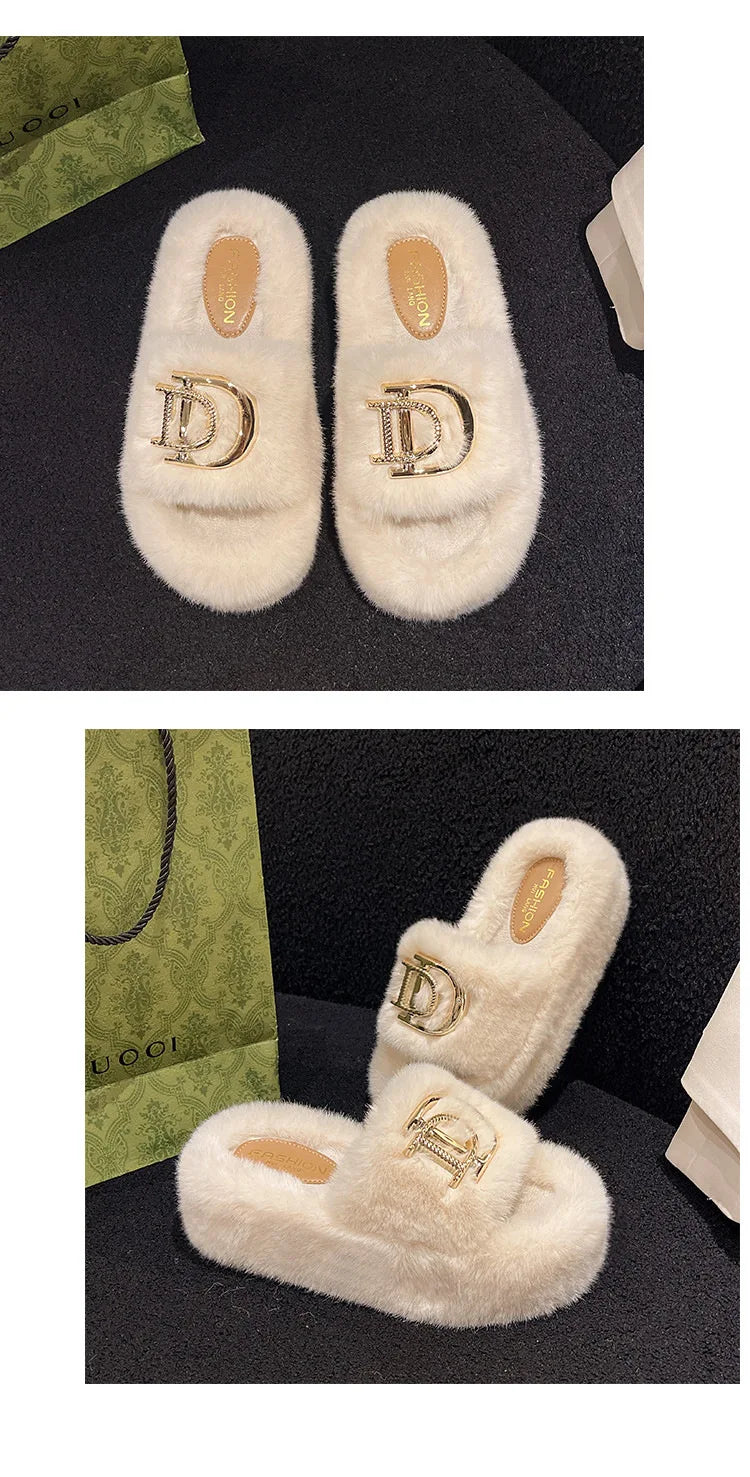Autumn/Winter 2024 Women's letter metal buckle new fur slippers thick soled outerwear fashionable home new product slippers