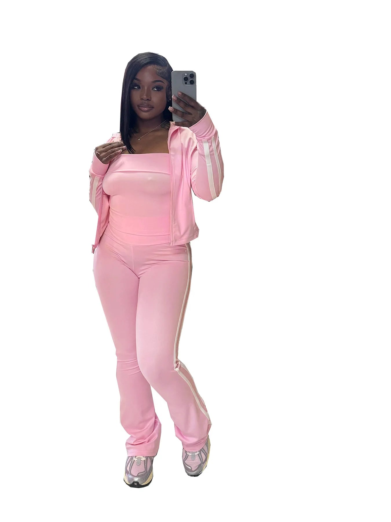 CM.YAYA Women's Set Long Sleeve Cargidan +strapless and Striped Pants Suit Three 3 Piece Set 2025 Street Active Outfit Tracksuit