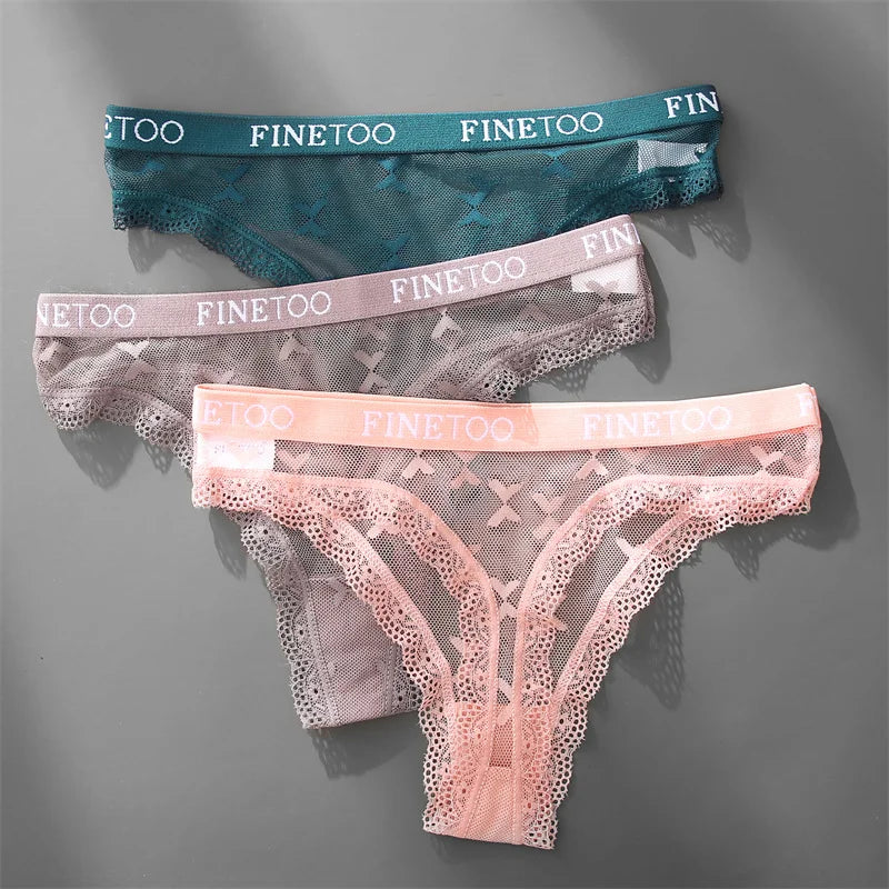 FINETOO Women Lace Thongs 3Pcs/set Letter Bikini Underpants Sexy T-Back Underwear Female Low-Rise Floral G-strings Lingerie 2022