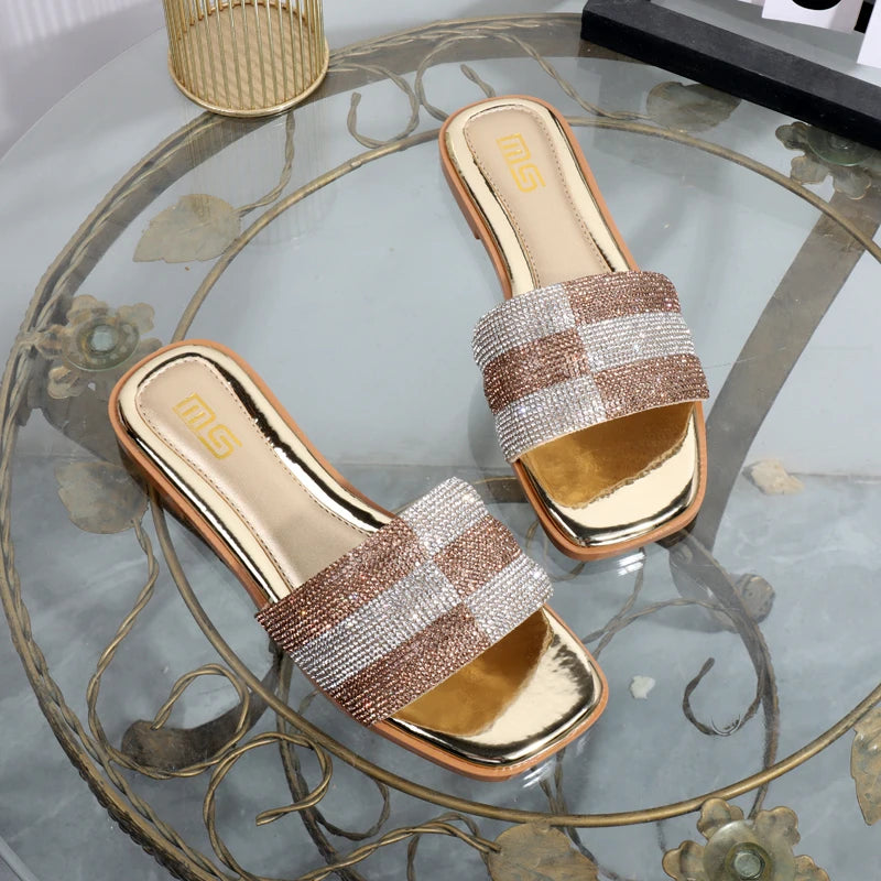 luxurious slippers 2025 rhinestone square toe fashion wear sandals  elegant flat bottom women's slippers black ladies shoes