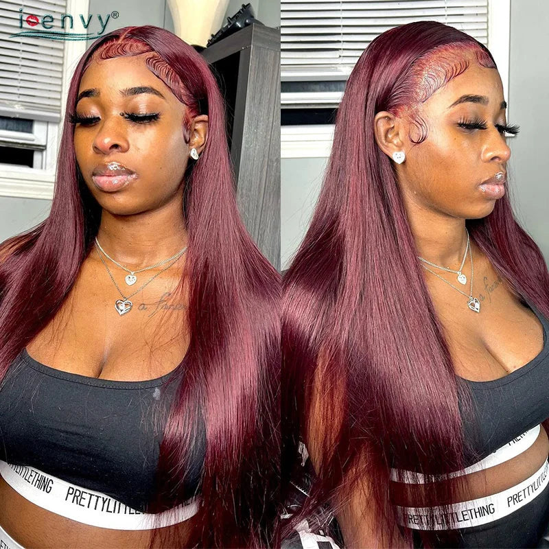 99J Red Colored Lace Front Human Hair Wigs Silky Straight 13X4 13X6 Burgundy Hd Transparent Pre Plucked Lace Frontal Wigs 180%
