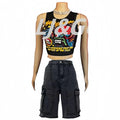 HLJ&GG Y2K Hot Girl Fashion Pattern Print Two Piece Sets Women O Neck Sleeveless Top And Denim Cargo Shorts Outfits Streetwear
