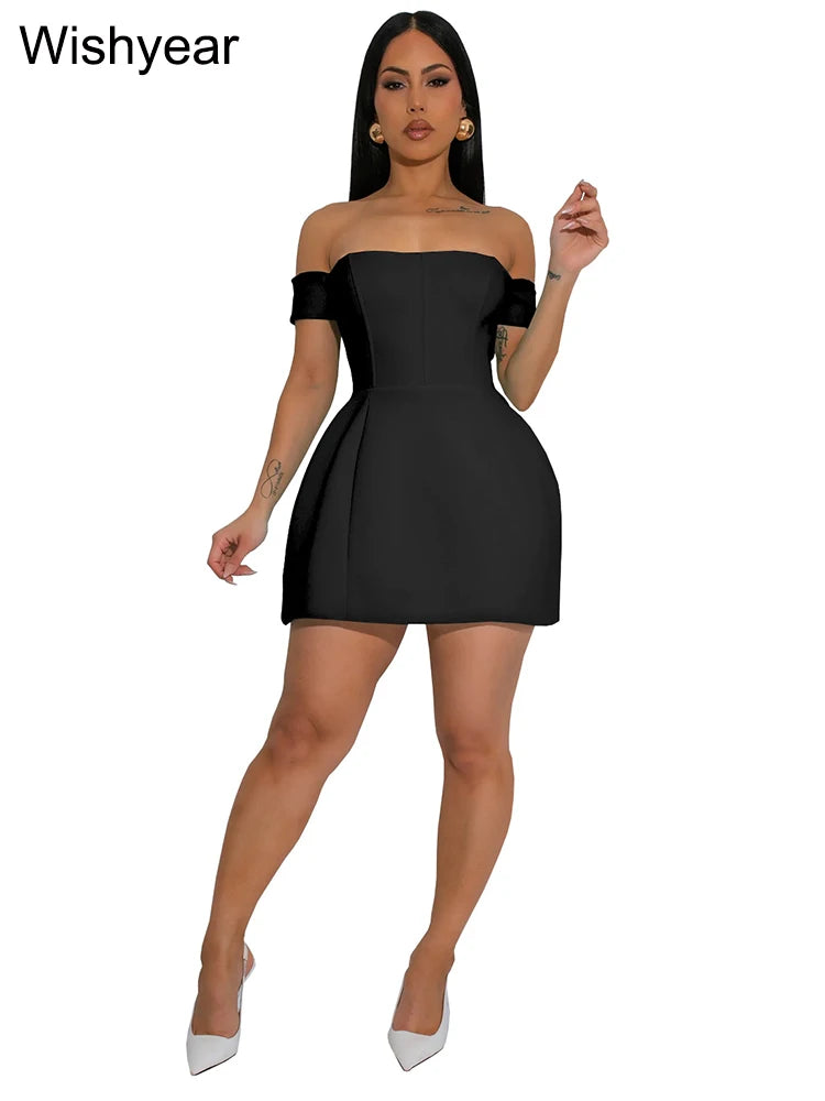 Wishyear Solid Off Shoulder Backless Sleeveless A-Line Mini Dresses Elegant Sexy Bodycon Evening Party Birthday Prom Vestidos
